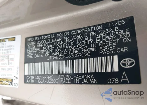 2006 Toyota Camry Std from USA, damaged, VIN JTDBE32K063059020